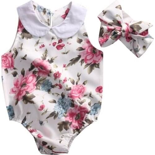 Summer Newborn Infant Baby Girl Floral Doll collar Romper Jumpsuit +Headband Outfits Sunsuit Clothes