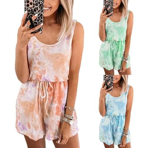 Playsuit Sleeveless Women Jumpsuits Summer Women Fashion Jumpsuit Sleeveless O Neck Drawstring Tie Dye Playsuit Jumpsuit