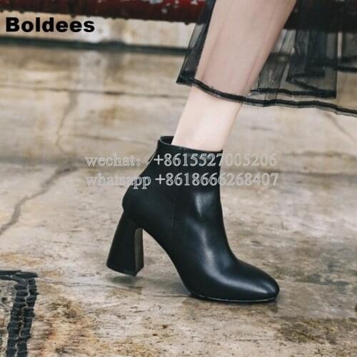 Trendy Designer Stranged Heeled Black Sheepskin Leather Pointed Toe Ankle Boots Women Inside Zipper Fall Autumn Shoes