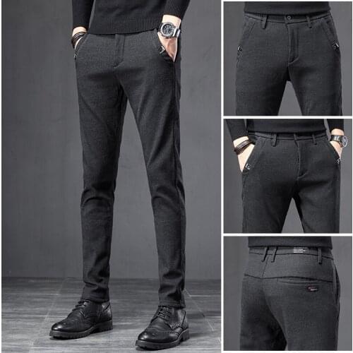 2021 Autumn Winter Pants Men Stretch Casual Slim Fit Cotton Thick Navy blue Jogger Business Classic Korean Trousers Male 28-38