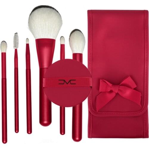 High Quality 6Pcs Natural Goat Hair Makeup Brush Set with Pouch and Air Puff Red Beauty Blending Powder Brush Eye Brush Kit