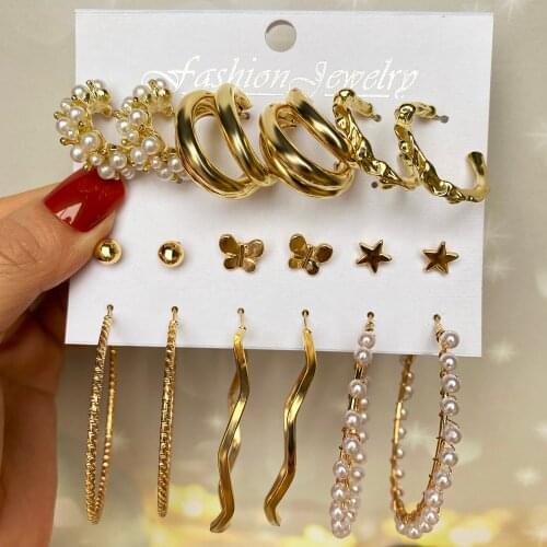 UMKA Womens Earrings Set Korean Pearl Hoop Earrings for Women Geometirc Gold Circle Earring 2021 Trend Jewelry Gift Accessories