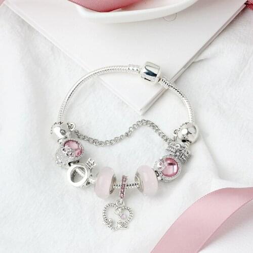 Panjia new Glass Beads Bracelet silver alloy Series love pink bird pendant bracelets