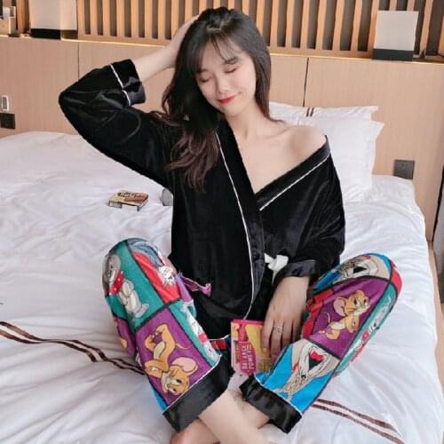 Women Pyjamas Sets Thick Coral Velvet Autumn Winter Warm Flannel Long Sleeve Cartoon Sleepwear Thin Flannel Pajamas Set Girl