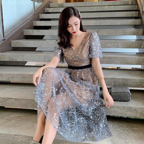2021 New Arrive Summer Short Sleeve Sequin Midi Dress Sexy V-Neck High Quality Runway Long Dresses Vestidos