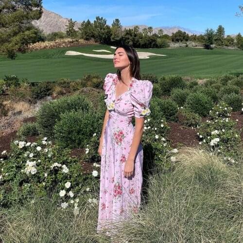 Female Long Dress, Summer Flower Print V-Neck Short Puff Sleeve for Ladies