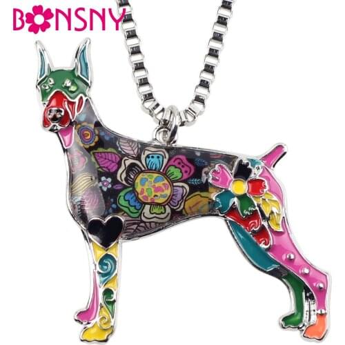 Bonsny Enamel Alloy Standing Floral Doberman Dog Necklace Pendant Collar Choker Trendy Animal Jewelry For Women Girls Gift Party