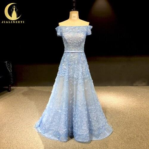 Rhine real Pictures Sexy Sky Blue off the shoulder Flowers Crystal vestido de noiva robe de soiree arabic evening dresses long