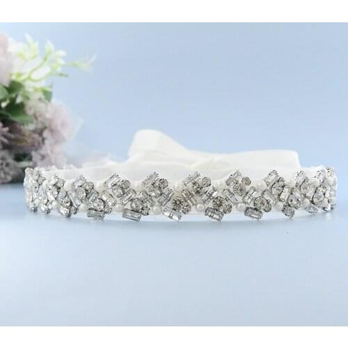 S432 Small Square Rhinestones Wedding Belt Crystal Bride Dress Accessories Ribbons Sash with Pearl Belts for Evening Dresses
