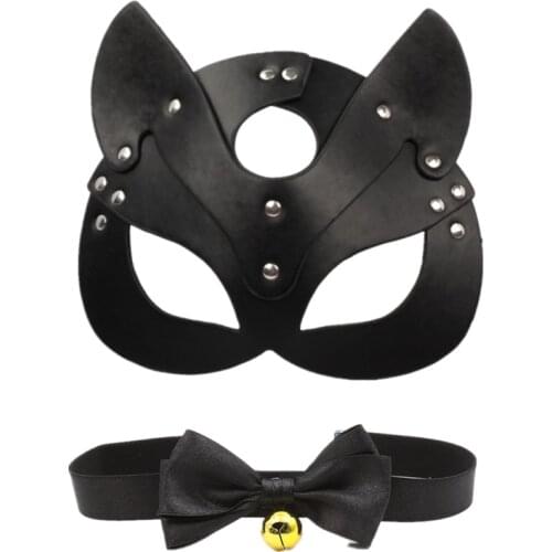 Sex Product For Women Black Leather Eye Mask and Collar Hollow Out Halloween Cosplay Sex Mask Blindfold Blinder Bdsm Toys