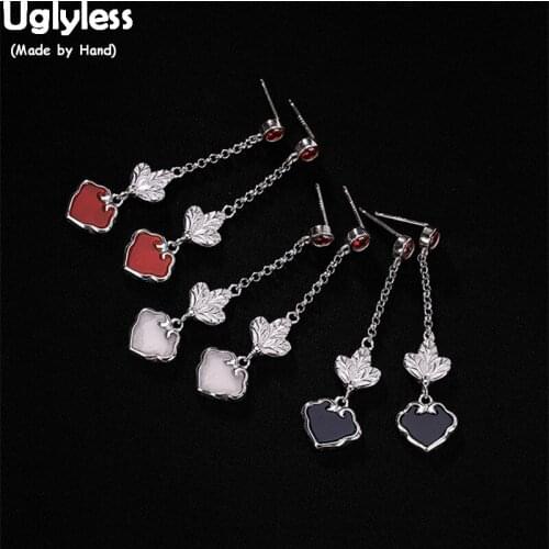 Uglyless Vintage Ethnic Abstract Heart-shape Drop Earrings for Women Crystals Fine Jewelry Solid 925 Silver Leaves Earrings Gems
