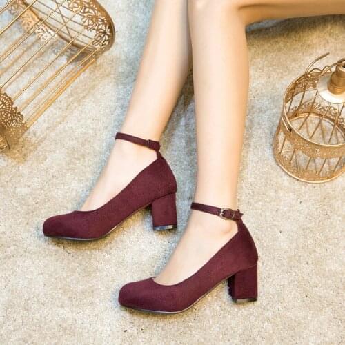 Big Size ladies high heels women shoes woman pumps Round-headed buckled heavy-heeled single-shoe woman