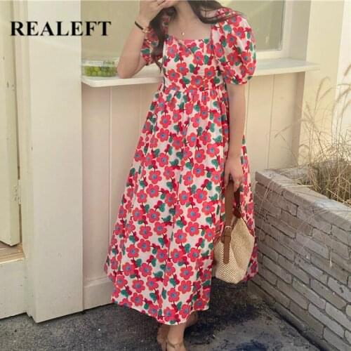 REALEFT 2021 New Summer Floral Printed Womens Dresses High Waist Puff Sleeve Sqaure Collar Elegant A-Line Long Dress Female