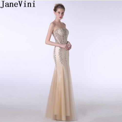 JaneVini Mermaid Bridesmaid Dresses Champagne Long Sexy See Through Beaded Crystal Formal Dress Party Wedding Floor Length Gown