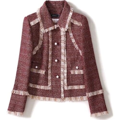 Brand Designer 2019 Spring Autumn Color Block Tweed Coats Women Pearls Single Breasted Short Jackets Coat Y060