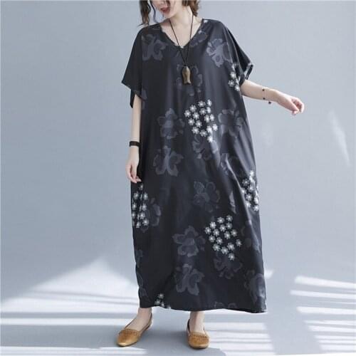 Holiday Outdoor Beach Style Dress 2021 New Arrival Loose Summer Dress Print Floral V-neck Vintage Women Travel Casual Long Dress