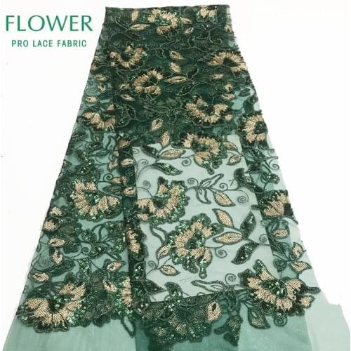 2019 High Quality Green Sequined Embroidered Voile Mesh Lace Fabric French Sequins Net Lace For Elegent Women Dress Net Material