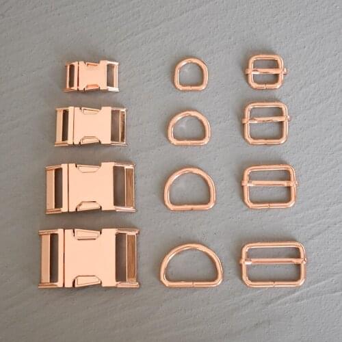 10 Sets 15/20/25/30mm Rose Gold Webbing Metal Hardware Strap Slider D Ring Release Belt Buckle For Dog Collar Sewing Accessory