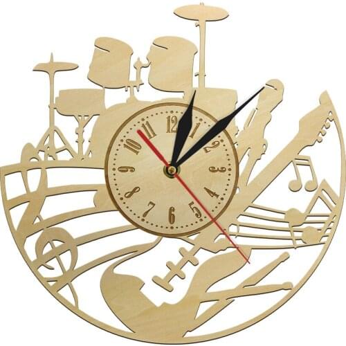 Acoustic Guitar Drum Wall Art Clock Wood Laser Cut Unique Music Timepiece Silent Living Room Wall Decor Drummer Teacher Gift