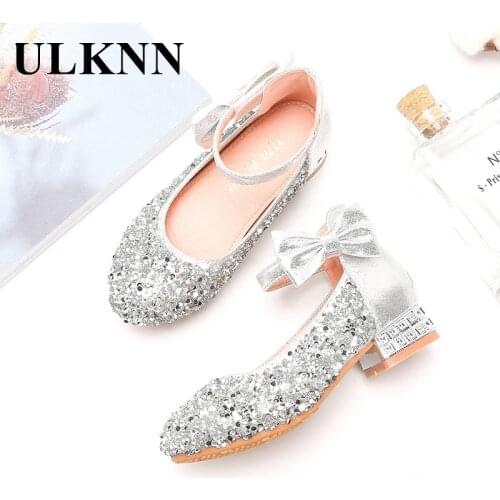 ULKNN Girls Princess Glitter Shoes Kids Shiny Shoes 2021 New Girl Single Crystal High-heeled Shoes Wholesale Children Bow Shoe