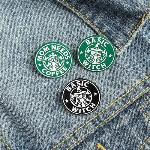 Cartoon Witch Brooch for Hat Pin Badges Enamel Pins Metal MOM NEEDS COFFEE Brooches Badges for Clothes Metal Gifts for Women
