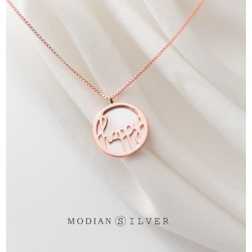 MODIAN Rose Gold Color Letters “Happy”Round Shape Pendant Necklace for Women 925 Sterling Silver Simple Necklace Fine Jewelry