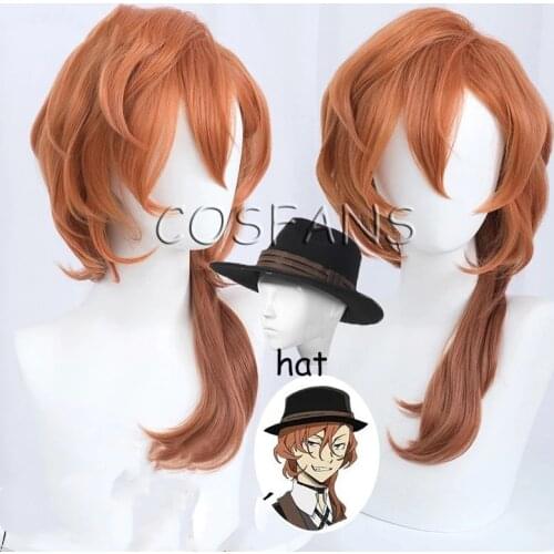 Chuuya Nakahara Cosplay Bungou Stray Dogs Cosplay Men 55cm Brown Wig Cosplay Anime Cosplay Wig Heat Resistant Synthetic Wigs hat