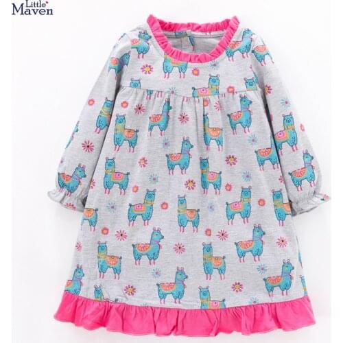Little Maven New Spring Autumn Kids Gray llama Printed O-neck Girls 2-6yrs Lace Full-sleeved Cotton Knitted Casual Dresses