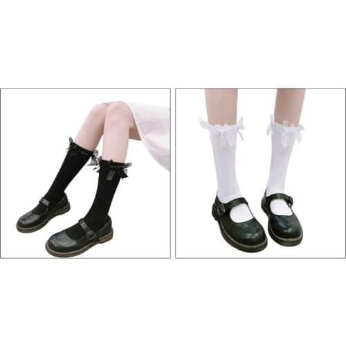 N7MF Japanese Lolita Student Mid Calf Long Socks Sweet 8pcs Satin Ribbon Bowknot Black White Anime Kawaii Hosiery Stockings for