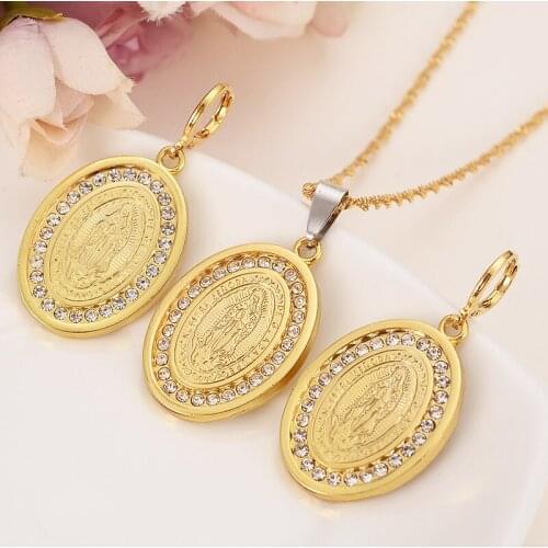 Gold Virgin Mary religions Jewelry Set Trendy Our Lady Women Men party czJewelry Cross Pendant earring Set for women girls gift