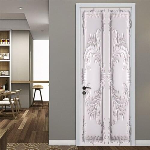 European Style White Imitation Carving Floral Door Sticker For Living Room Bedroom Decoration PVC Self Adhesive Murals Stickers