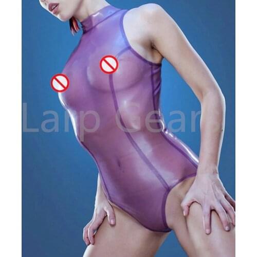 Transparent Purple Latex swimwear suits 0.4mm bodysuit zentai rubber jumpsuit latex leotard W short back zipper