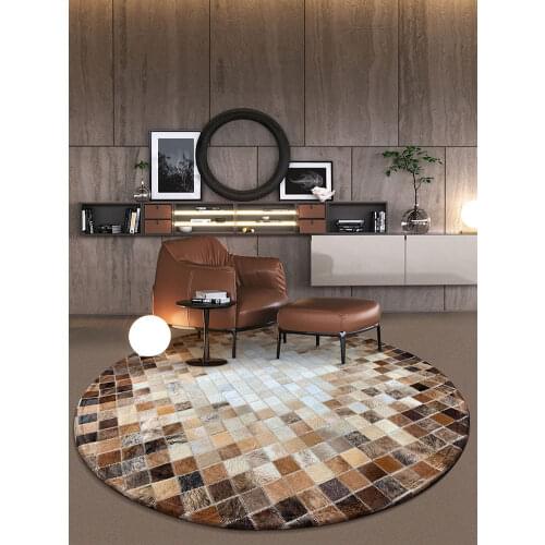 Luxury Cowhide Seamed Striped Round Rug Real Cow Skin Patchwork Carpet for Living Room Bedroom Decoration Rug Bedside Carpet