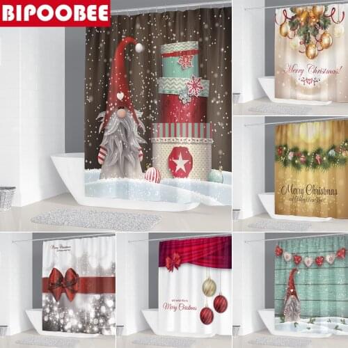Merry Christmas Bathroom Shower Curtain Santa Claus Ribbon Bells Bathtubs Xmas Decor Pedestal Rugs Toilet Cover Non Slip Carpet