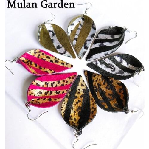 M&G New Fashion 4 Patterns Zebra Genuine Leather Earrings Leaf Shape Pendant Plush Striped Feather Leopard Print Earring Jewelry