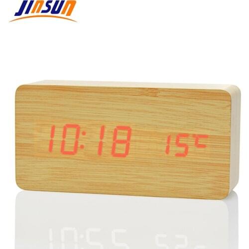 JINSUN Light Alarm Clock Modern Wood Bamboo Digital Desktop Clock Vioce Control Show Temperature Time Wekker