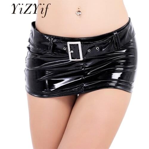 Sexy Mini Skirt Women Wetlook Patent Leather Short Mini Skirt with Waist Belt Loops Party Clubwear Pencil Package Hip Skirt