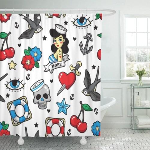 Old School Heart Skull Sparrow Anchor Patches and Pins Shower Curtain Waterproof Polyester Fabric 72 x 72 Inches Set with Hooks
