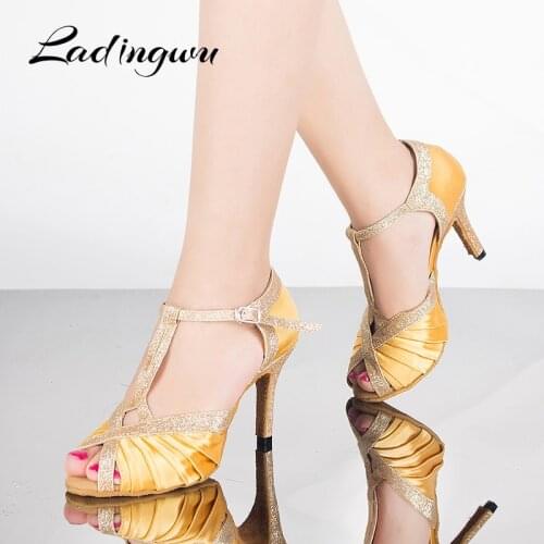 Ladingwu Womens Ballroom Party Latin dance shoes Soft bottom shoes Professional Dancing Shoes Yellow /Tiger texture Satin