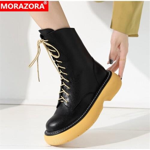 MORAZORA 2021 Hot Sale Genuine Leather Shoes Women Ankle Boots Lace Up Zip Autumn Winter Platform Shoes Women Motorcycle Boots