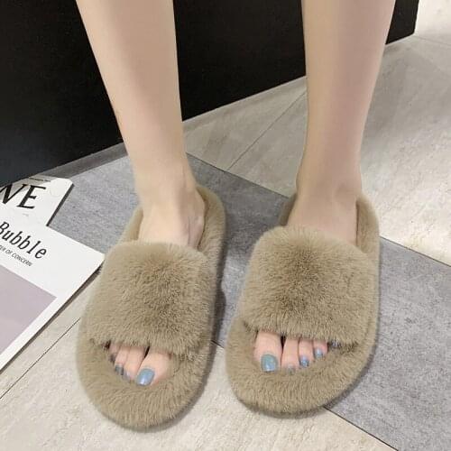 2021 Women Slippers Winter Warm Female Slip-On Flat Slippers for Home Black Female Faux Fur Slippers Plus Size 35-42 Women Shoes