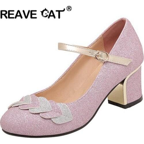 REAVE CAT New 2021 Women Pumps Round Toe 6cm Block Heels Buckle Bling Patchwork Heart Sweet Big Size 32-43 Casual Date A3806