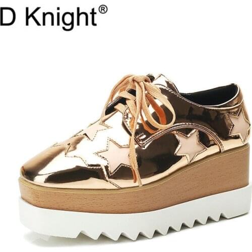 2021 Spring Stars Pumps Oxford Shoes For Women Lace-Up Platform High Heels Square Toe Wedges Single Womens Casual Brogues Shoes