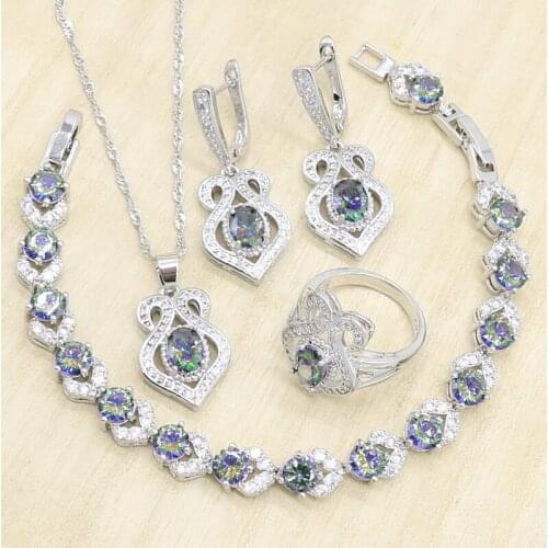 Women Bridal 925 Sliver Jewelry Sets Multicolor Rainbow Zircon Bracelets Necklace Pendant Earrings Rings Birthday Wedding Gift