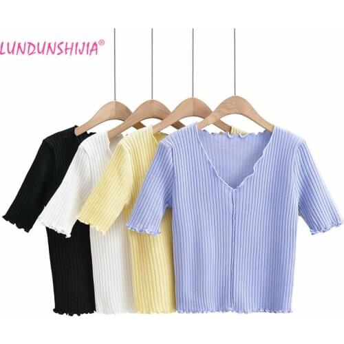 LUNDUNSHIJIA 2021 New Spring Summer Solid Women Cotton Knitting Thin Sexy Tops V-Neck Short Sleeve Slim Sweaters Top