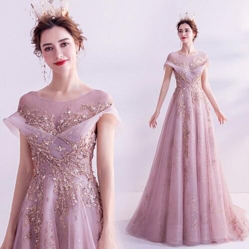 Evening Dress 2020 Gryffon Classic Pink Party Prom Formal Evening Gown A-line Sweet Floral Print Lace Robe De Soiree Plus Size