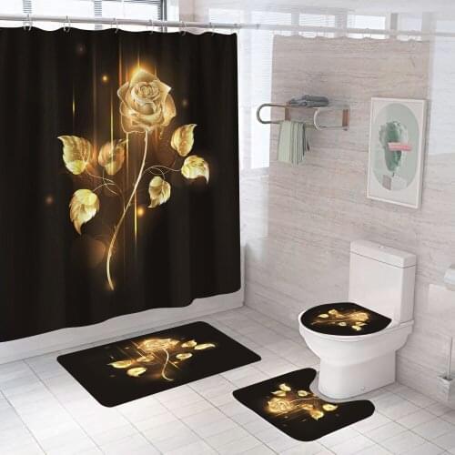 Golden Flower Shower Curtain Luxury Black With Non Slip Rug Mat Bathroom Curtains Waterproof Polyester Home Decor 180x180 Gift
