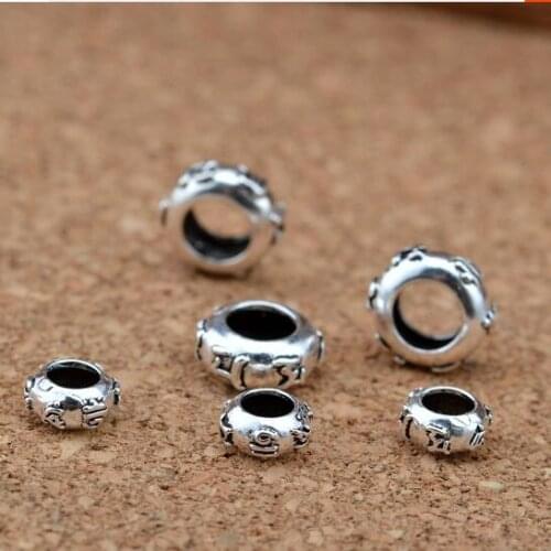 100% 925 Silver Tibetan OM Mani Padme Hum Beads Sterling Buddhist Words Beads Pure Silver Large Hole Tibetan Six Proverb Beads