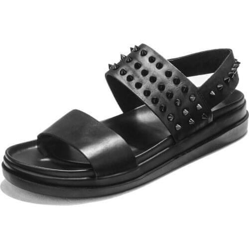 2020 Summer Thick Platform Rivet Mens Real Leather Shoes Fashion Brand Beach Slip On Roman Sandals Men Zapatos Hombre Casual