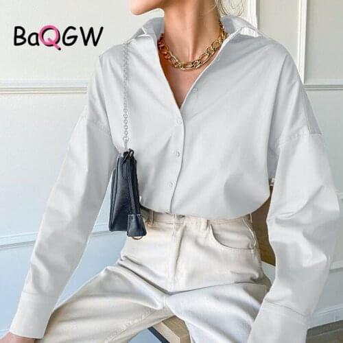 BaQGW 2020 Autumn Office Ladies White Tops Women Full Sleeve Loose T-shirts Solid Elegant Wild Slim Soft Casual Tee Shirts Mujer